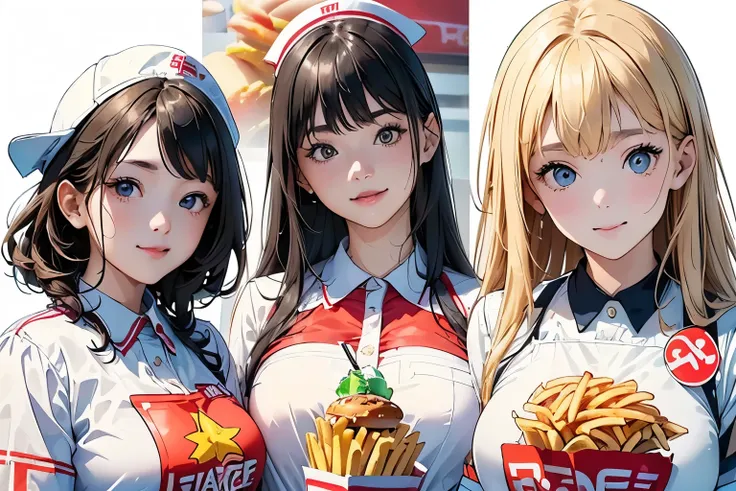 (Perfect Face,Arafe illustration of three women in different clothes)、(Girls standing in line)、(Young woman wearing a fast food restaurant uniform、Wearing a paper hat、hamburger_french fries_Holding a tray with drinks:1.4)、Colorful uniforms、Chic uniform、Fla...