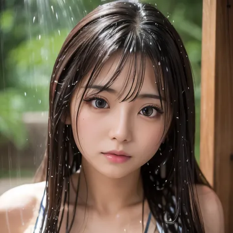 8K,best quality,masterpiece,photorealistic, realistic,ultra high definition,ray tracung, japanese female, huge breasts,big eyes, sexy,cute face,long hair,shower loom, wet hair, tired hair