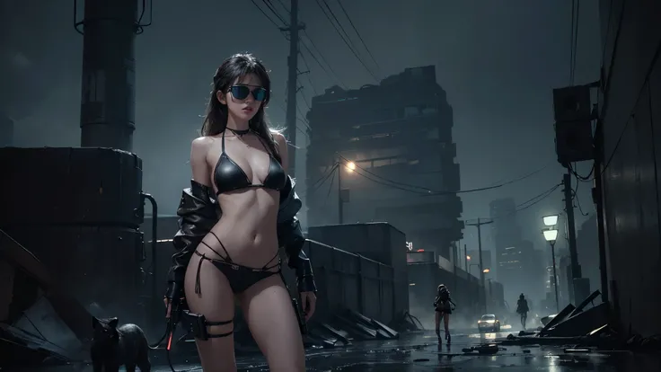 At night, dark sky, gorgeous Woman, (walks with a stray dog In a frozen cyberpunk city in ruins), 1drone. Heavy tropical rain, Head slightly tilted back, leather bikini, Distorted Space, Light Shafts, Volumetric Lighting, 4k Rendering, Stock Photo, Realist...