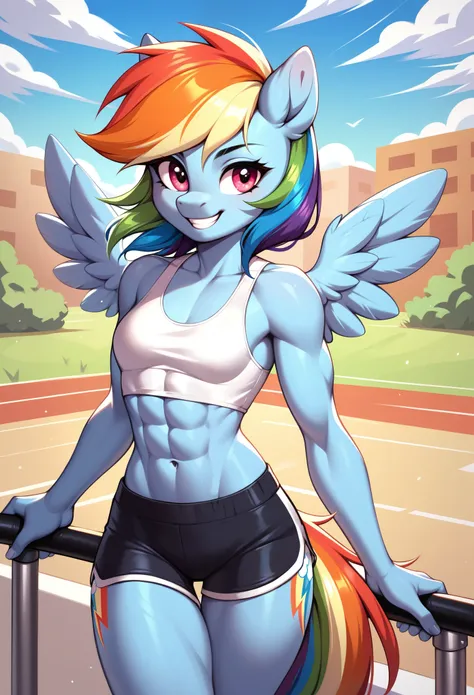 score_9, score_8_up, score_7_up, score_6_up, rainbow dash, pony, furry, blue skin, small wings, multicolored hair, anthro, pony ...