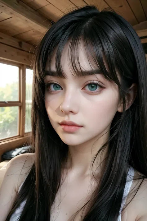 Woman with long black hair and bangs, green eyes and pale skin