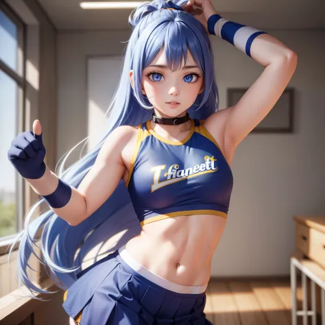 Highres, Masterpiece, Best quality at best,Best Quality,hight quality, hight detailed, 1girl, girl,  nejire hadou, blue eyes, blue hair, long hair,
BREAK cheerleader, crop top, midriff, sweat, navel, orange skirt, pink footwear,  (view from front), ponytai...