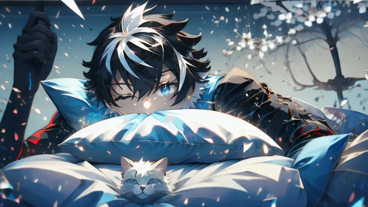 absurdres, uhd, 5k, best quality, full body, 1boy, ((solo)), alone, ((charlemagne(fate), charlemagne)), in bed, blue eyes, black hair, multicolored hair, two-tone hair, (laying down), sleeping, eyes closed, in a cozy japanese bedroom, on a bed, with fluffy...