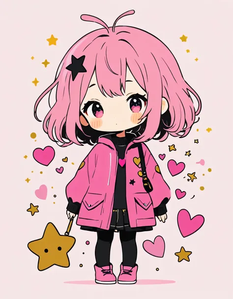 Black Star pink and Gold style, Simple Line Initialism，Abstract art，Kawaii Design, The most beautiful girl of all time、chibi, Cute and colorful pillbugs, colorful hearts