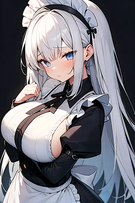 girl in maid outfit, White hair, big boobies, in the long sky, ashamed