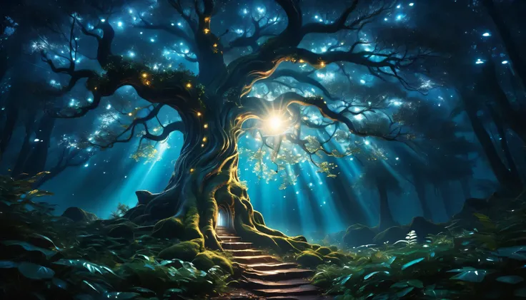 Highest quality　Fantasy　Shining Tree　Night Forest