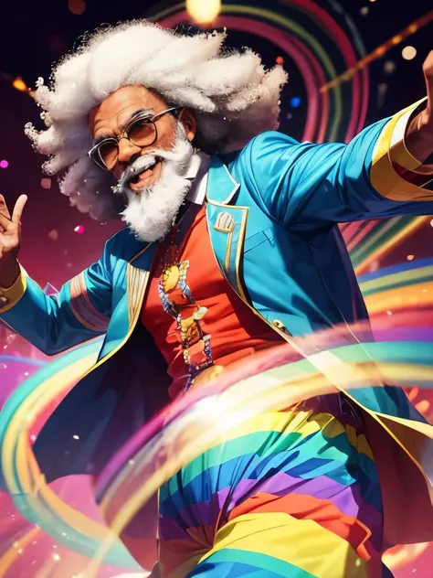 An 80-year-old man with an afro is dancing at a disco, White Beard,