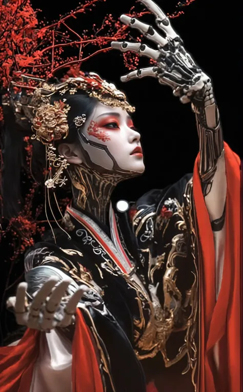 close-up：a woman，skeleton on hand，draped in a red cloak, japanese 3d 8k ultra detailed, cyberpunk geisha, ghost in the shell gei...