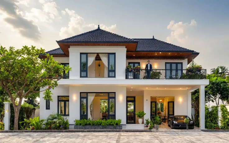 (masterpiece:1.2), best quality, photo of A two-story modern house in VietNam with white walls and dark tiles on the roof., tree and plant environment,daylight, streetcapes, natural light, vivid color, The exterior of an elegant single family home features...