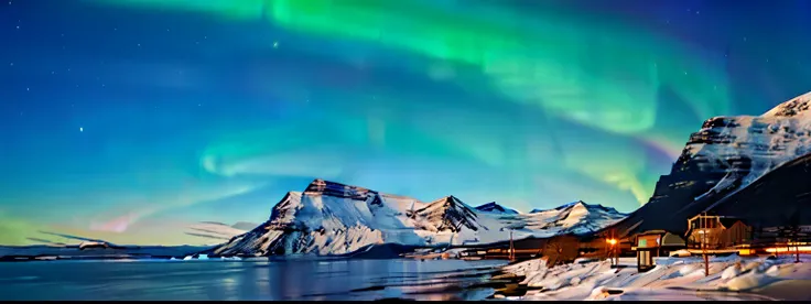 beach view，mountains and water，northern lights in the sky，stunning scenery风景，iceland，dramatic aurora borealis，northern lights ba...