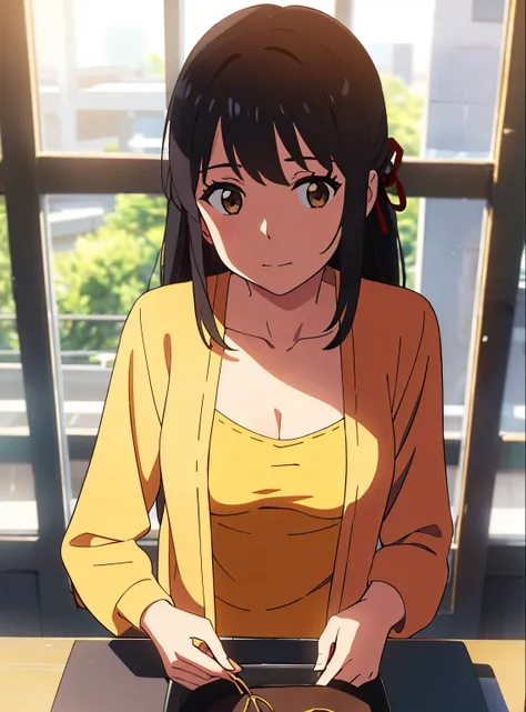 Shinkai Makoto, Kimi No Na Wa., 1 girl, bangs, black hair, brown eyes, Half turned up, Red Ribbon, Long hair, long-sleeved light yellow cardigan, offenes hemd, yellow shirt, Decollete, breast, medium breast, orange shirt, name tag written "LUMINE Miyamizu"...