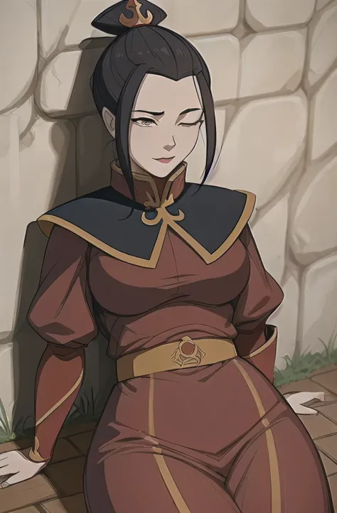 1girl, (masterpiece), (best quality), (detailed),(sketch:1.2), azula, [lipstick],  regal fire nation uniform, ample breasts, slumped back against the wall, one eye closed, on the ground, pov, from above, dynamic angle, Kingdom, Ba Sing Se, rocks, 