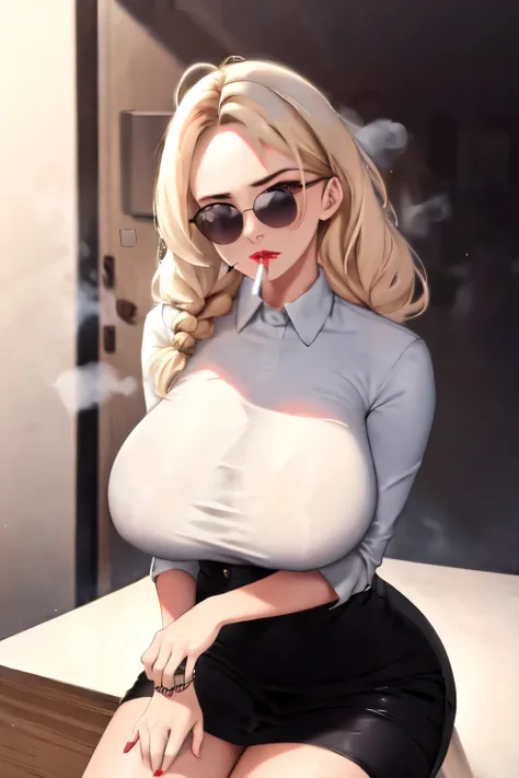 ((best quality)), ((masterpiece)), (detailed), 1girl, milf, boss, black suit, big breasts, sunglasses, Smoking, white shirt, Fierce face, hands, feet, chin, table, office room, red lips, short skirt, long hair, blonde hair,