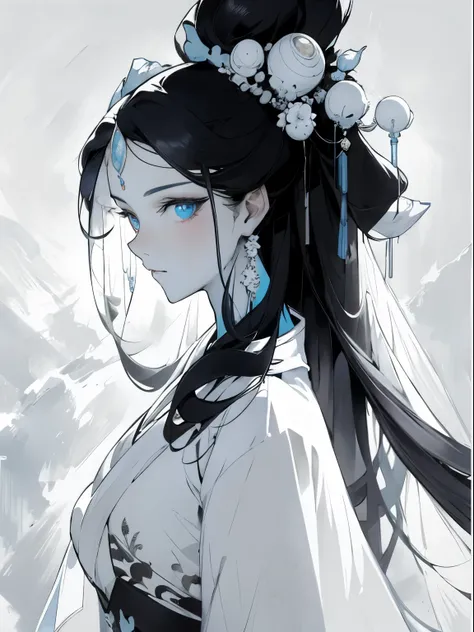 （Beautiful girl dressed in white），Wide sleeves，watery big eyes，Beautiful face and smooth fair skin，s delicate face，cabelos preto e longos，An ancient Chinese beauty，wearing ancient Chinese costume，gossamer，Vivid and bright colors，Vibrant digital illustratio...