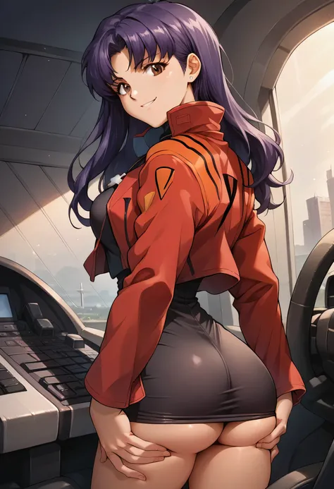 score_7, score_8_up, score_7_up, source_anime, 1girl, solo, looking at viewer, EPngeKatsuragiMisato, purple hair, brown eyes, long hair, smile, detailed background, cowboy shot, long sleeves, dress, jewelry, medium breasts, jacket, :d, thighs, open clothes...