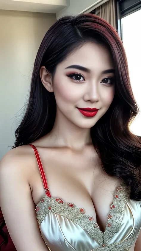 instagram photo, closeup face photo of 23 y.o Chloe in kebaya, Red Lipstick, sensual Lipstick, Sensational Make Up, cleavage, pale skin, (smile:0.4), hard shadows, White G-STRING, bright lighting 