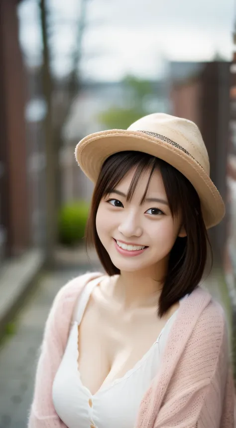 masterpiece,best quality,(Japanese ),((Beautiful girl)),cleavage,(perfect body beauty:1.2),(shy smile),beautiful teeth,(Blurred background of brick buildings),(hat),