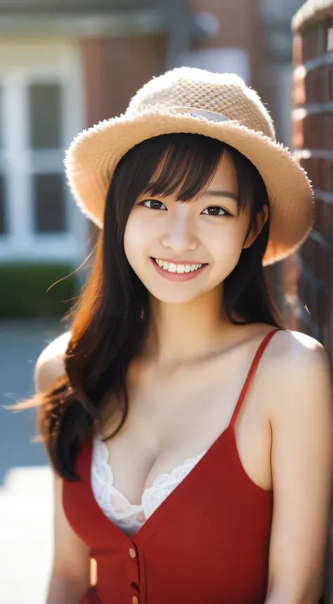 masterpiece,best quality,(Japanese ),((Beautiful girl)),cleavage,(perfect body beauty:1.2),(shy smile),beautiful teeth,(Blurred background of brick buildings),(hat),