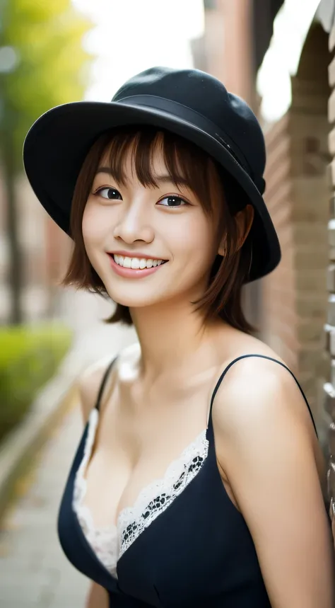 masterpiece,best quality,(Japanese ),((Beautiful girl)),cleavage,(perfect body beauty:1.2),(shy smile),beautiful teeth,(Blurred background of brick buildings),(hat),