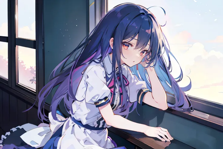 Anime Girl sitting on window sill drinking coffee and looking out the window, (Anime Girl), Anime cute art style, seductive Anime Girl, Beautiful anime high school, Cute girl anime visual, Night Core, Best Girl in Anime, young Anime Girl,dark blue long hai...