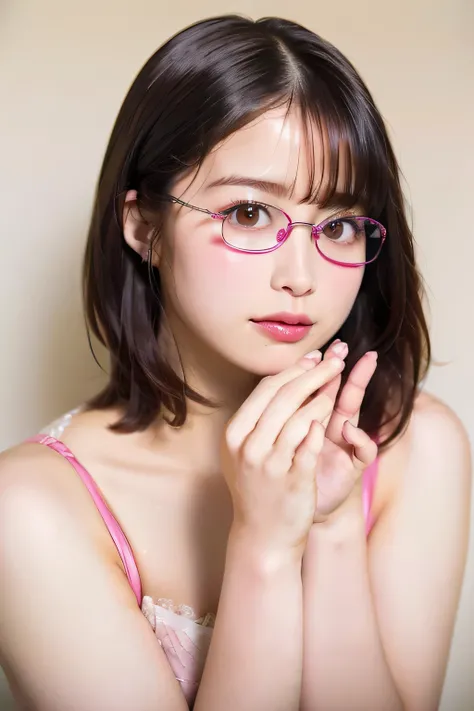 Short Bob Hairstyles、(8K, Highest quality,masterpiece,Highest quality,Highest quality:1.3)),(Embarrassing,Sparkling eyes,Apply blush all over the face:1.3),Browsing Caution,Small breasts:1.3,(((She wears pink-rimmed glasses))),(Dynamic Angle,,Nude Actress、...