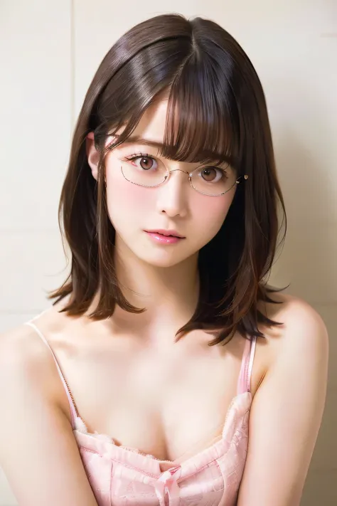 Short Bob Hairstyles、(8K, Highest quality,masterpiece,Highest quality,Highest quality:1.3)),(Embarrassing,Sparkling eyes,Apply blush all over the face:1.3),Browsing Caution,Small breasts:1.3,(((She wears pink-rimmed glasses))),(Dynamic Angle,,Nude Actress、...