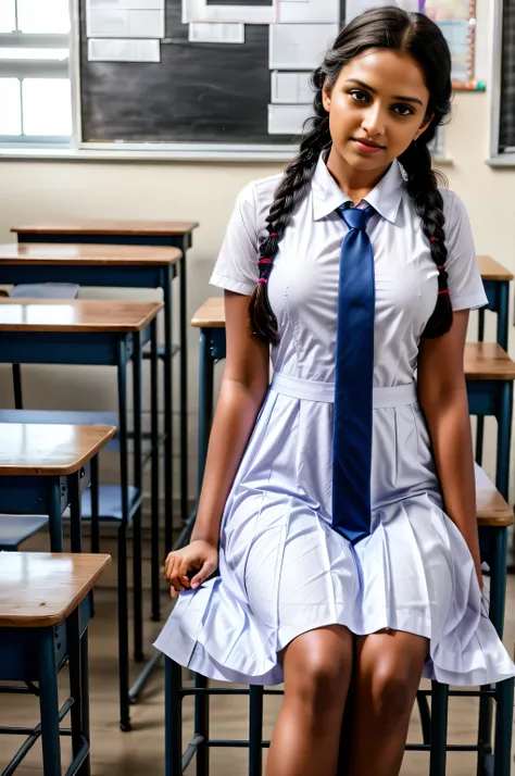 Raw photo , 1 girl  ,Wearing white frock and color tie, white shoes,  ((teen school girl studying on on in the classroom)), with plait, biggest breasts size , professional photographer, (hdr:1.4), masterpiece, ultra-realistic 8k, perfect artwork, intrincat...