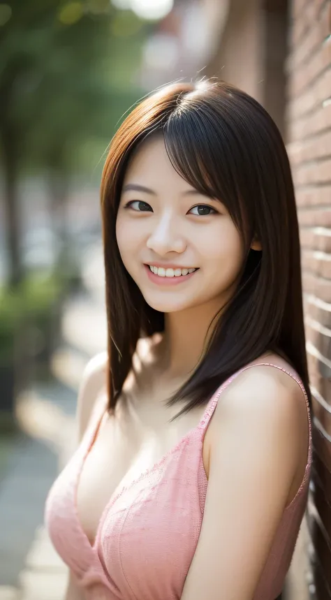 masterpiece,best quality,(Japanese ),((Beautiful girl)),cleavage,(perfect body beauty:1.2),(shy smile),beautiful teeth,(Blurred background of brick buildings)