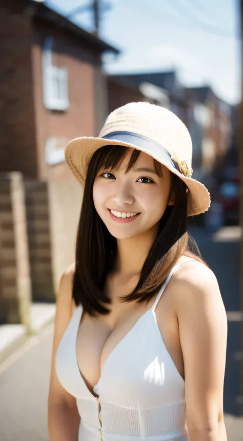 masterpiece,best quality,(Japanese ),((Beautiful girl)),cleavage,(perfect body beauty:1.2),(shy smile),beautiful teeth,(Blurred background of brick buildings),(hat),