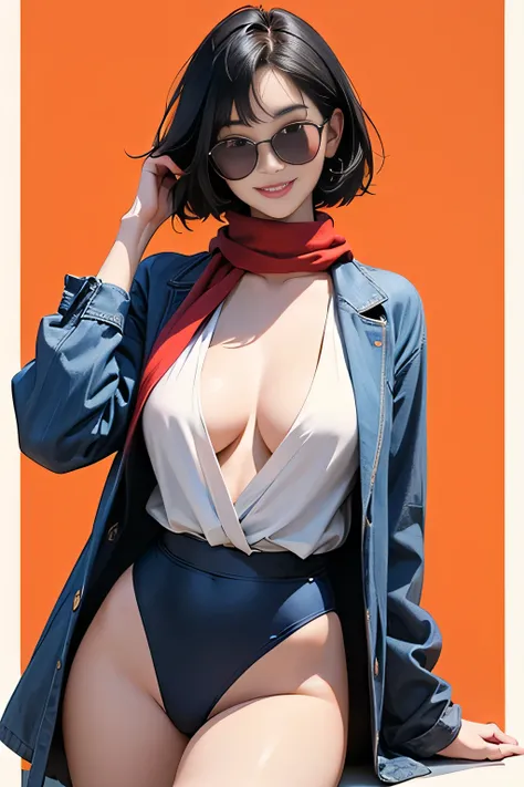 (masterpiece, best quality, 8k wallpaper, high resolution, ultra-realistic) One woman, Japanese girl, 18 years old, bob cut, smiling, sunglasses, long red scarf around neck, (masterpiece: 1.2, best quality), (realistic, photorealistic: 1.4), (masterpiece, ...