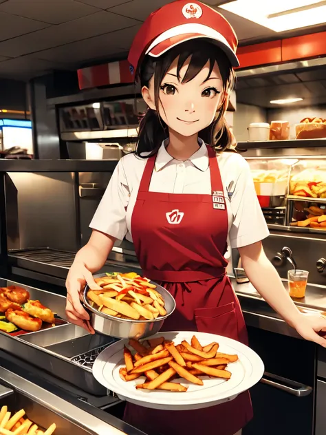 1 girl, image of a fast food worker preparing burgers and fries in front of a fryer。the uniform colors are used for the uniforms...