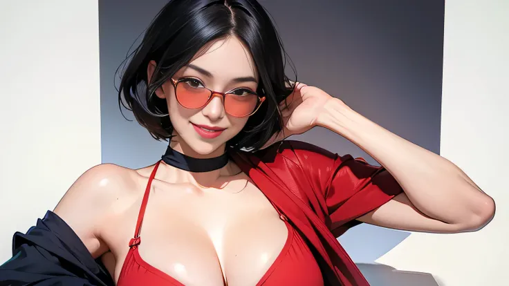 (masterpiece, best quality, 8k wallpaper, high resolution, ultra-realistic) One woman, Japanese girl, 18 years old, bob cut, smiling, sunglasses, long red scarf around neck, (masterpiece: 1.2, best quality), (realistic, photorealistic: 1.4), (masterpiece, ...