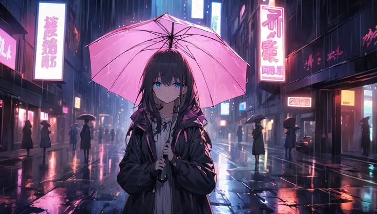 An anime girl standing on a rainy city street at night, with neon lights reflecting off the wet pavement. She has a melancholic expression, her eyes reflecting the sadness and realization of unfulfilled expectations. She is holding an umbrella, but still s...