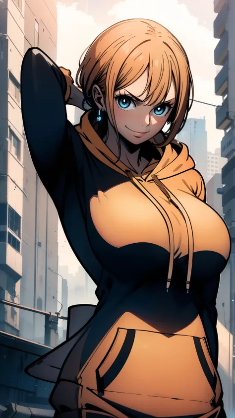 nami, (large breast:1.2),seductive smile,
BREAK ((black hoodie:1.5)), 
BREAK Cyberpunk_CityView, Before Window, standing at attention,armpits,arm up, 
BREAK (masterpiece:1.2), best quality, high resolution, unity 8k wallpaper, (illustration:0.8), (beautifu...