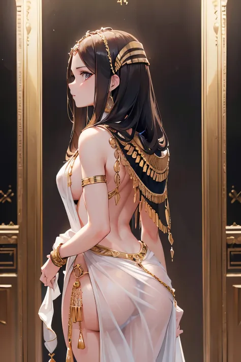 A beautiful female Pharaoh, seen from behind, standing on a pedestral in a museum, naked upper body, lower body in cloth, head turned towards the camera, regal and imposing figure, exuding authority and dignity, detailed portrait, hyper realistic, 8k, cine...