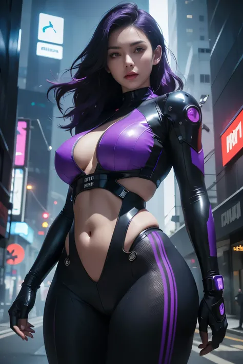 a beautiful woman with short wavy black and purple hair, futuristic headphones, plump body, slender abs, wearing a crop futuristic mecha suit, big thighs, cyberpunk city street, 8k, ultra-detailed, hyperrealistic, volumetric lighting, cinematic, dramatic l...