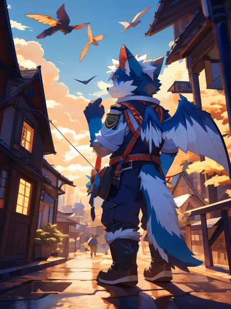 nj5furry，kemono，full-length portrait，anthro，hi res，juvenile，male，Explorer，Mao Long，Fluffy hair，There are wings on the back，White plush paw，blue eyes，Delicate eyes，Detailed eyes，Extremely high detail，8K HD characters，Cities on the clouds