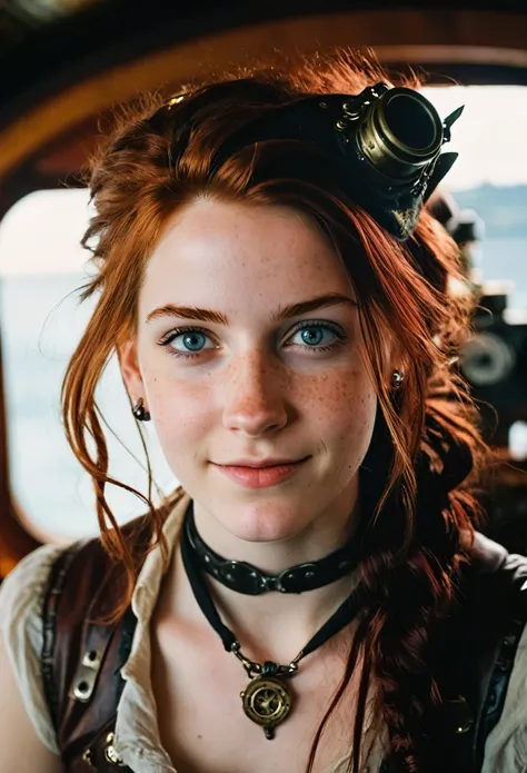 (editorial photography of a 20 year old Tifa Lockhart), (highly detailed face:1.4) (smile:0.7) (background inside dark, moody, private study:1.3), steampunk pirates airship, nikon d850, film stock photography, for kodak portra 400 ,camera f1.6 lens, bokeh,...