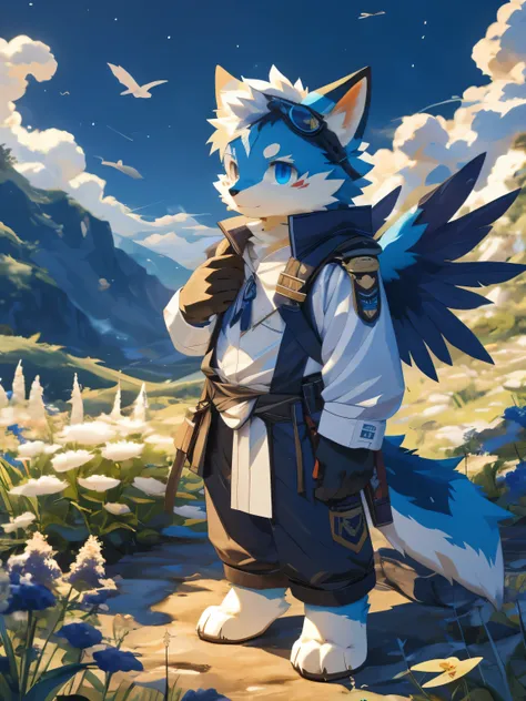 nj5furry，kemono，full-length portrait，anthro，hi res，juvenile，male，Explorer，Mao Long，Sky blue fur，Fluffy hair，Feather wings，White plush paw，Delicate eyes，Detailed eyes，Extremely high detail，8K HD characters