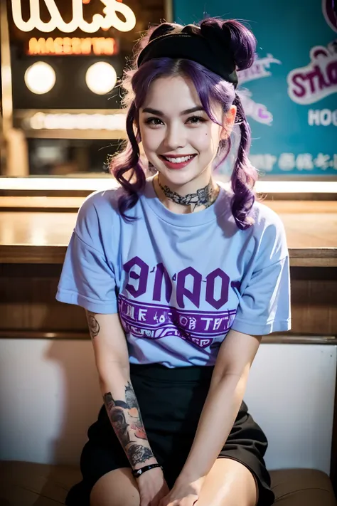 street photography photo of a young woman with purple hair, smile, happy, cute t-shirt, tattoos on her arms, sitting in a 50s diner