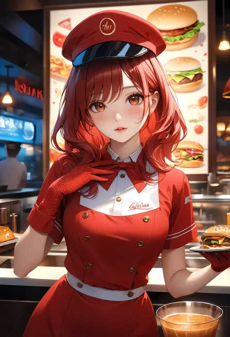 a beautiful fast food worker with bright brunette hair,freckles skin,detailed facial features,cute fast food waiter uniform,fast food worker hat,cutre pose,aesthetic fast food restaurant,neon light,fast food menu,delicious dessert,supermodel beauty,aquilin...