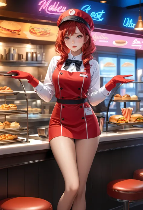 a beautiful fast food worker with bright brunette hair,freckles skin,detailed facial features,cute fast food waiter uniform,fast food worker hat,cutre pose,aesthetic fast food restaurant,neon light,fast food menu,delicious dessert,supermodel beauty,aquilin...