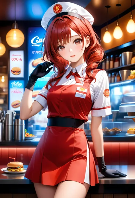 a beautiful fast food worker with bright brunette hair,freckles skin,detailed facial features,cute fast food waiter uniform,fast food worker hat,cutre pose,aesthetic fast food restaurant,neon light,fast food menu,delicious dessert,supermodel beauty,aquilin...