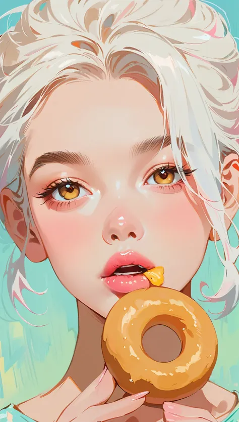 (masterpiece、Highest quality: 1.2)、1 girl、Lonely、Anime Style、White Hair、Pink Lips、E-wave hair、Biting into a donut、In the style of a leading portraitist、Light blue background。