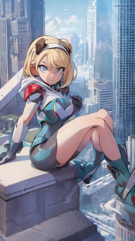 (highly quality, masterpiece, detailed), city detailed scenario, city detailed background, solo, reploid, android, gwen, blonde ...