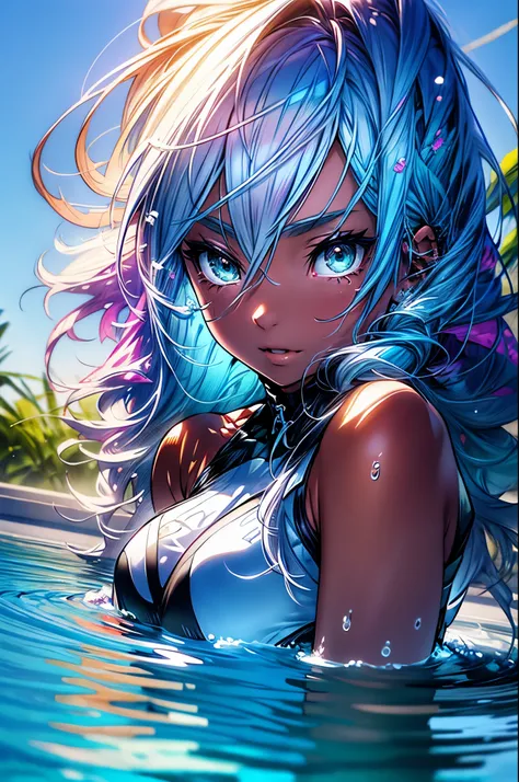 masterpiece, best quality, extremely detailed cg unity 8k wallpaper, woman in colorful bikini swimsuit, 18-year-old, pool, vacat...