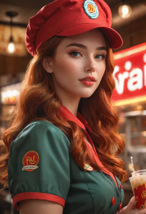 a beautiful fast food worker with bright brunette hair,freckles skin,detailed facial features,cute fast food waiter uniform,fast food worker hat,cutre pose,aesthetic fast food restaurant,neon light,fast food menu,delicious dessert,supermodel beauty,aquilin...