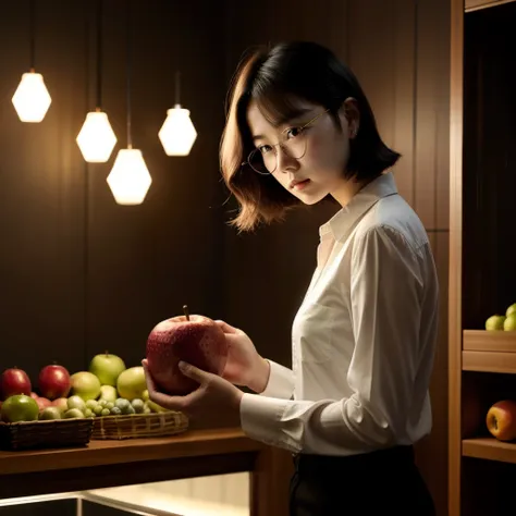 1girl, korean, short hair, wavy hair, circle glasses, in the dark,she a fruit designer his hands fruit