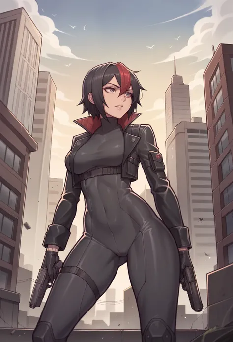 _asura style, 1girl, weapon, gun, black_hair, bodysuit, holding, multicolored_hair, red_hair, holding_weapon, handgun, holding_gun, gloves, streaked_hair, outdoors, building, black_bodysuit, city, jacket, black_gloves, sky, hair_over_one_eye, solo