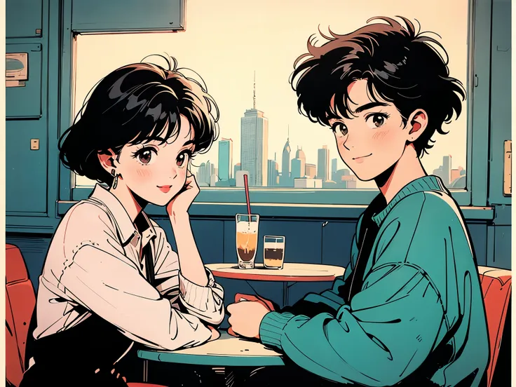 Highest quality,wallpaper,masterpiece,Super detailed,8K,wallpaper,Retro,(One female:1.5),Woman with short hair,Cafe,Talking to boyfriend,(A happy smile),City Pop,Urban Pop,Retroなレコードジャケットのイラスト